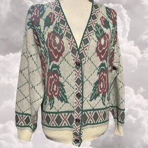 Vintage Granny Cottage Core Rose Pattern Knit Cardigan